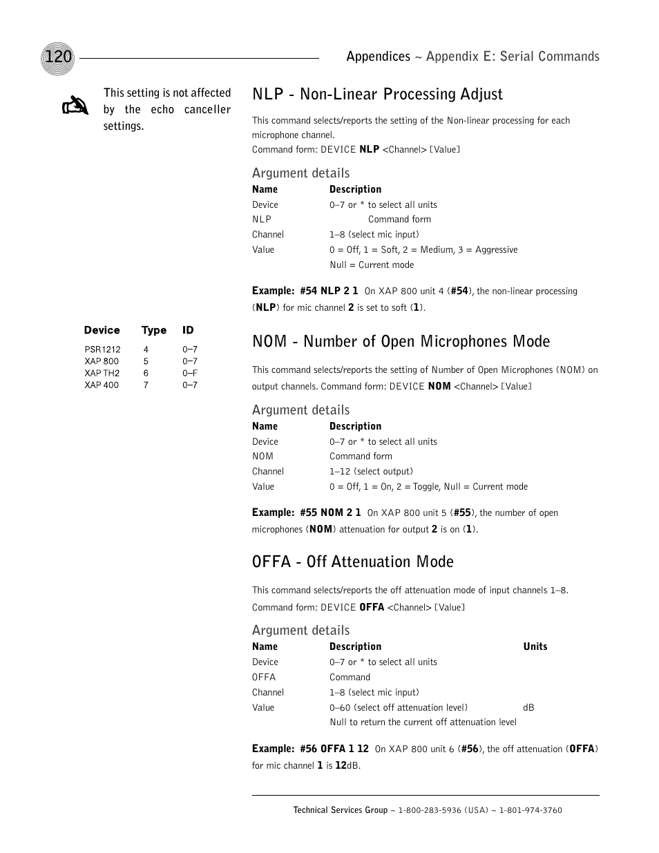 Nlp - non-linear processing adjust, Nom - number of open microphones mode, Offa - off attenuation mode | Argument details, Appendices ~ appendix e: serial commands | ClearOne XAP 800 User Manual | Page 126 / 149