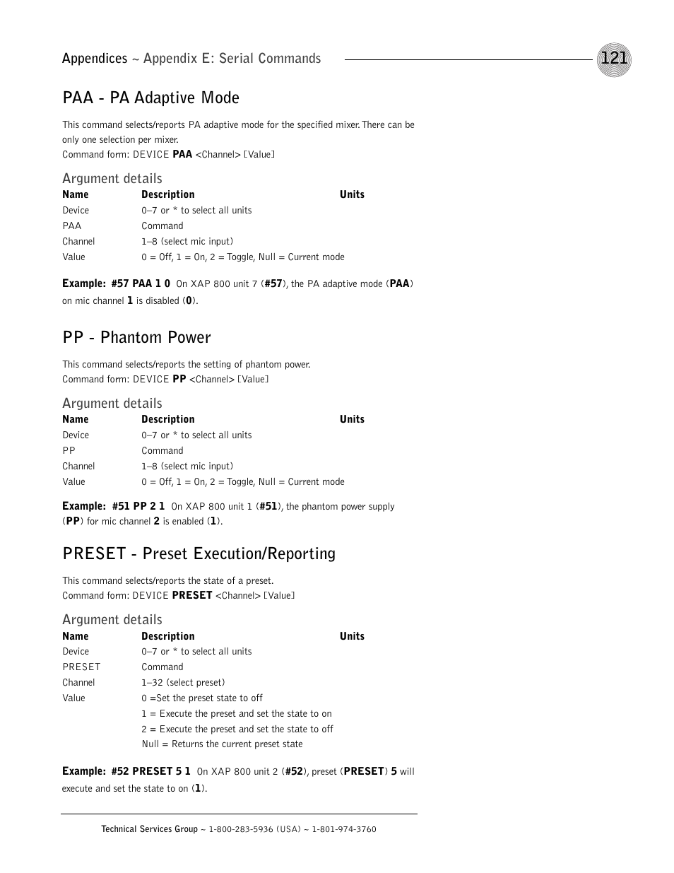 Paa - pa adaptive mode, Pp - phantom power, Preset - preset execution/reporting | Appendices ~ appendix e: serial commands, Argument details | ClearOne XAP 800 User Manual | Page 127 / 149