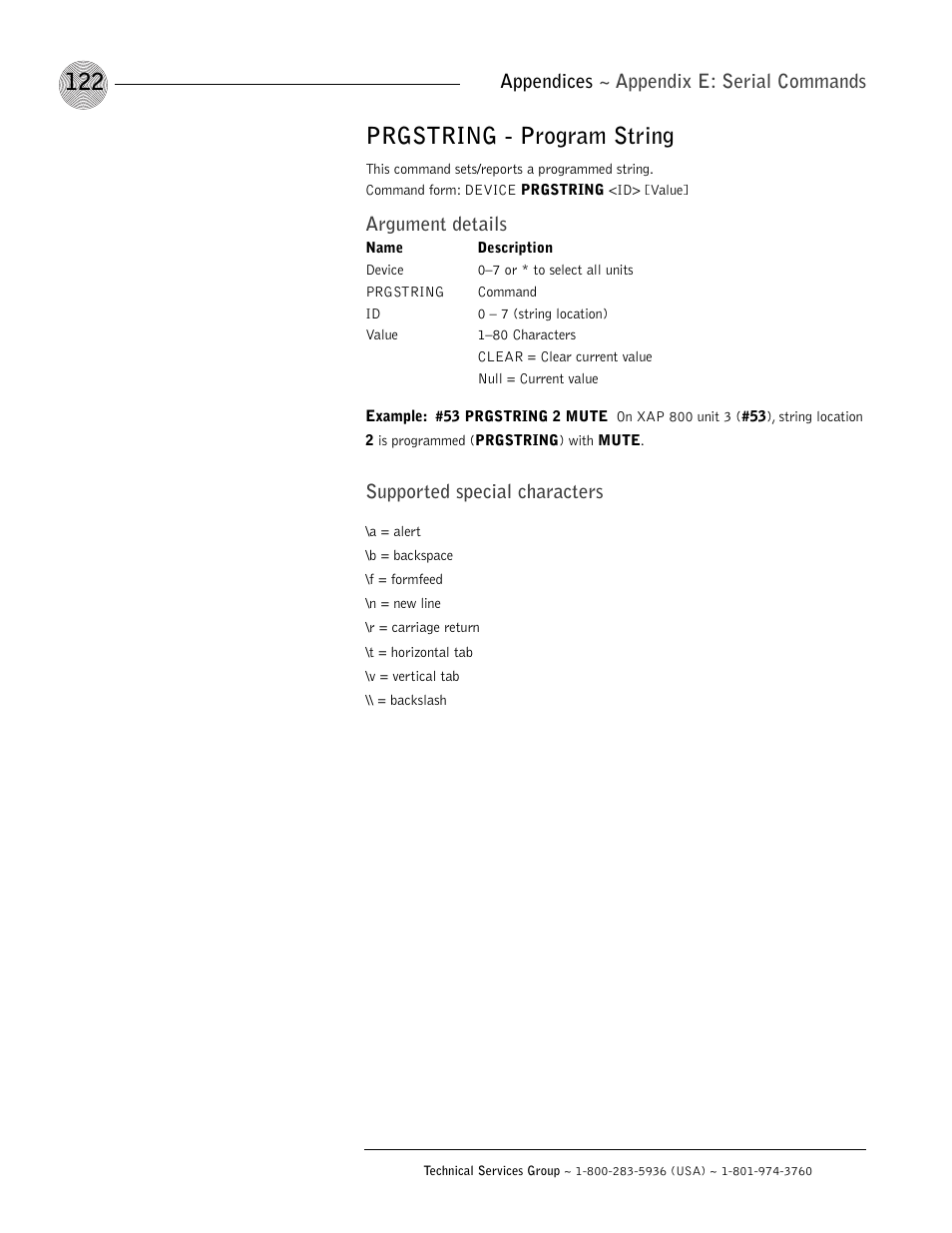 Prgstring - program string, Appendices ~ appendix e: serial commands, Argument details | Supported special characters | ClearOne XAP 800 User Manual | Page 128 / 149