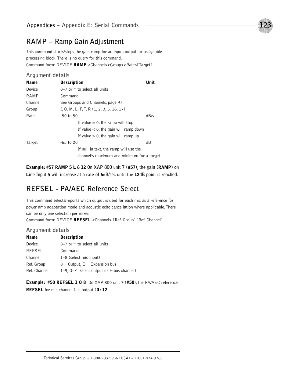 Ramp – ramp gain adjustment, Refsel - pa/aec reference select, Appendices ~ appendix e: serial commands | Argument details | ClearOne XAP 800 User Manual | Page 129 / 149