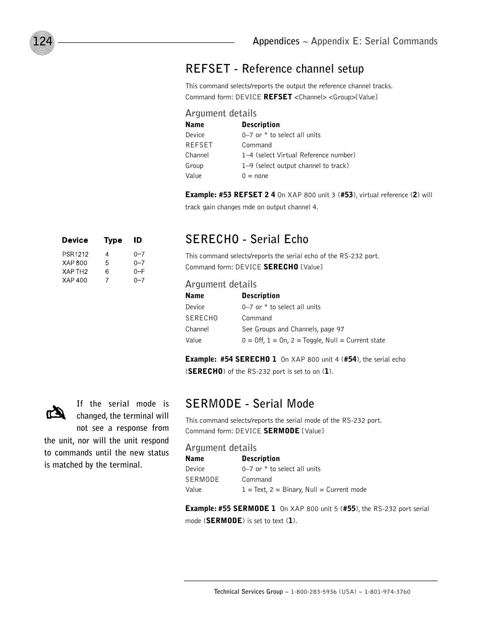 Refset - reference channel setup, Serecho - serial echo, Sermode - serial mode | ClearOne XAP 800 User Manual | Page 130 / 149