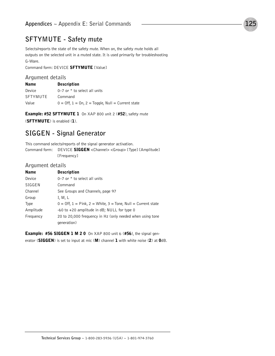 Sftymute - safety mute, Siggen - signal generator, Argument details | Appendices ~ appendix e: serial commands | ClearOne XAP 800 User Manual | Page 131 / 149