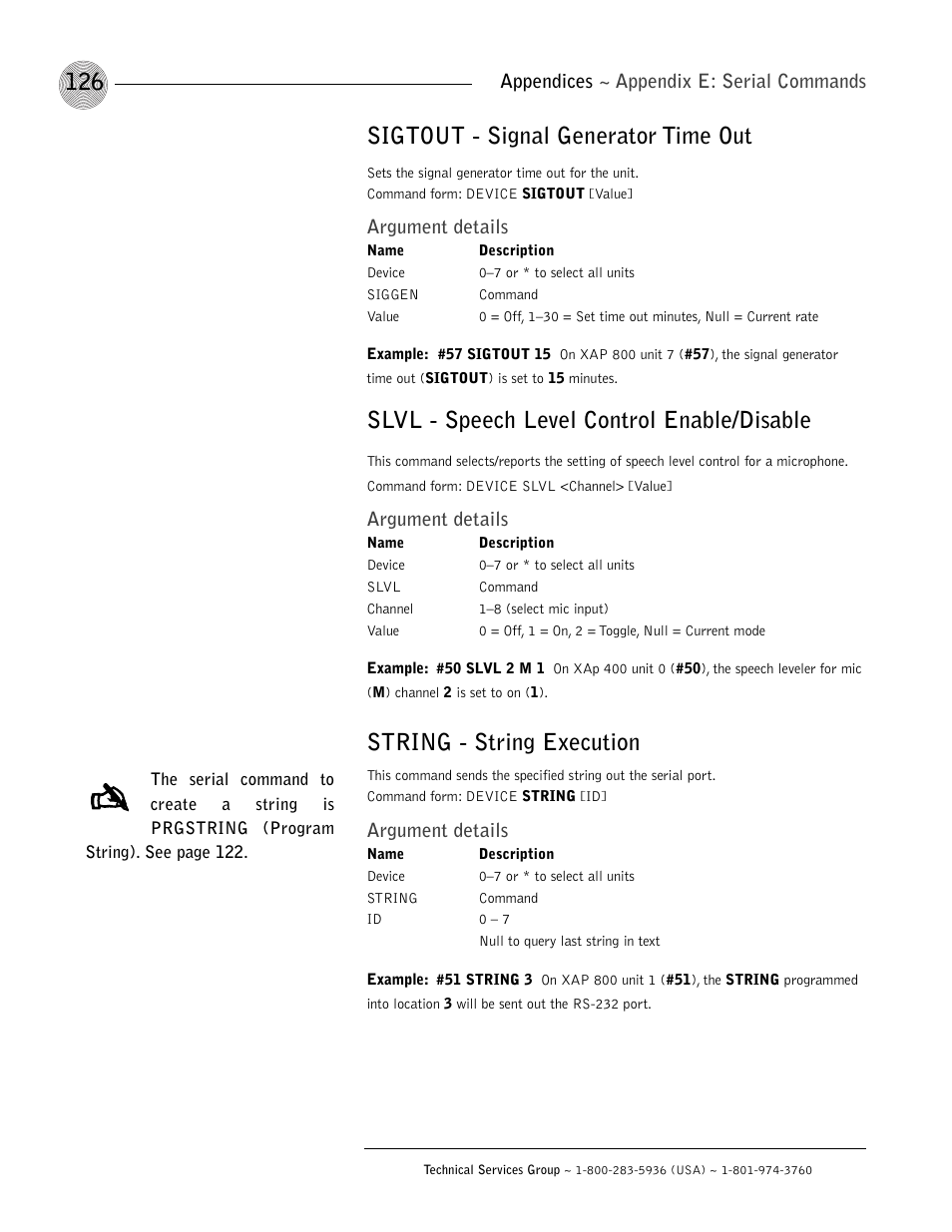 Sigtout - signal generator time out, Slvl - speech level control enable/disable, String - string execution | ClearOne XAP 800 User Manual | Page 132 / 149