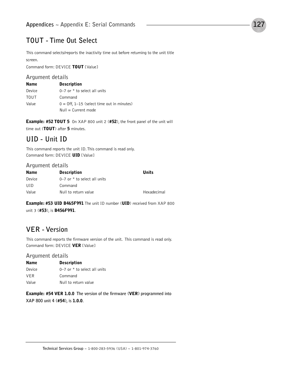 Tout - time out select, Uid - unit id, Ver - version | Argument details, Appendices ~ appendix e: serial commands | ClearOne XAP 800 User Manual | Page 133 / 149
