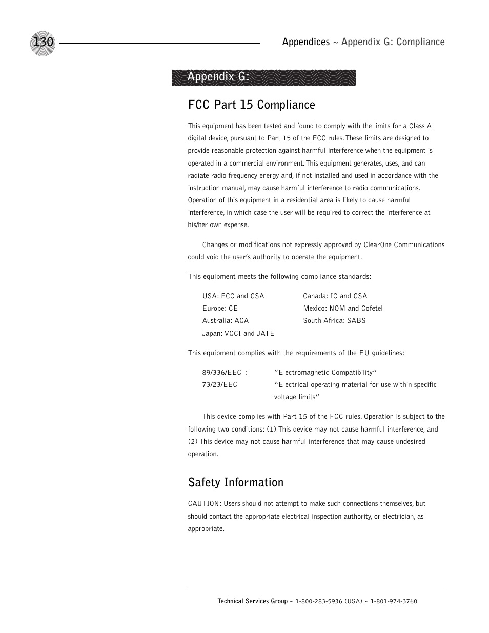 Fcc part 15 compliance, Safety information, Appendix g | Appendices ~ appendix g: compliance | ClearOne XAP 800 User Manual | Page 136 / 149