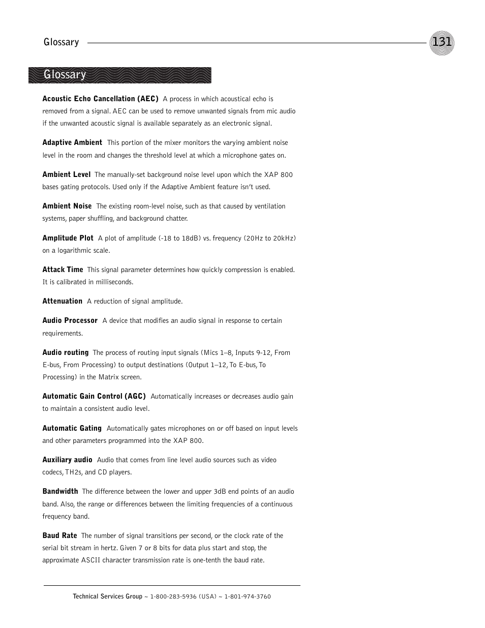 Glossary 131, Glossary | ClearOne XAP 800 User Manual | Page 137 / 149