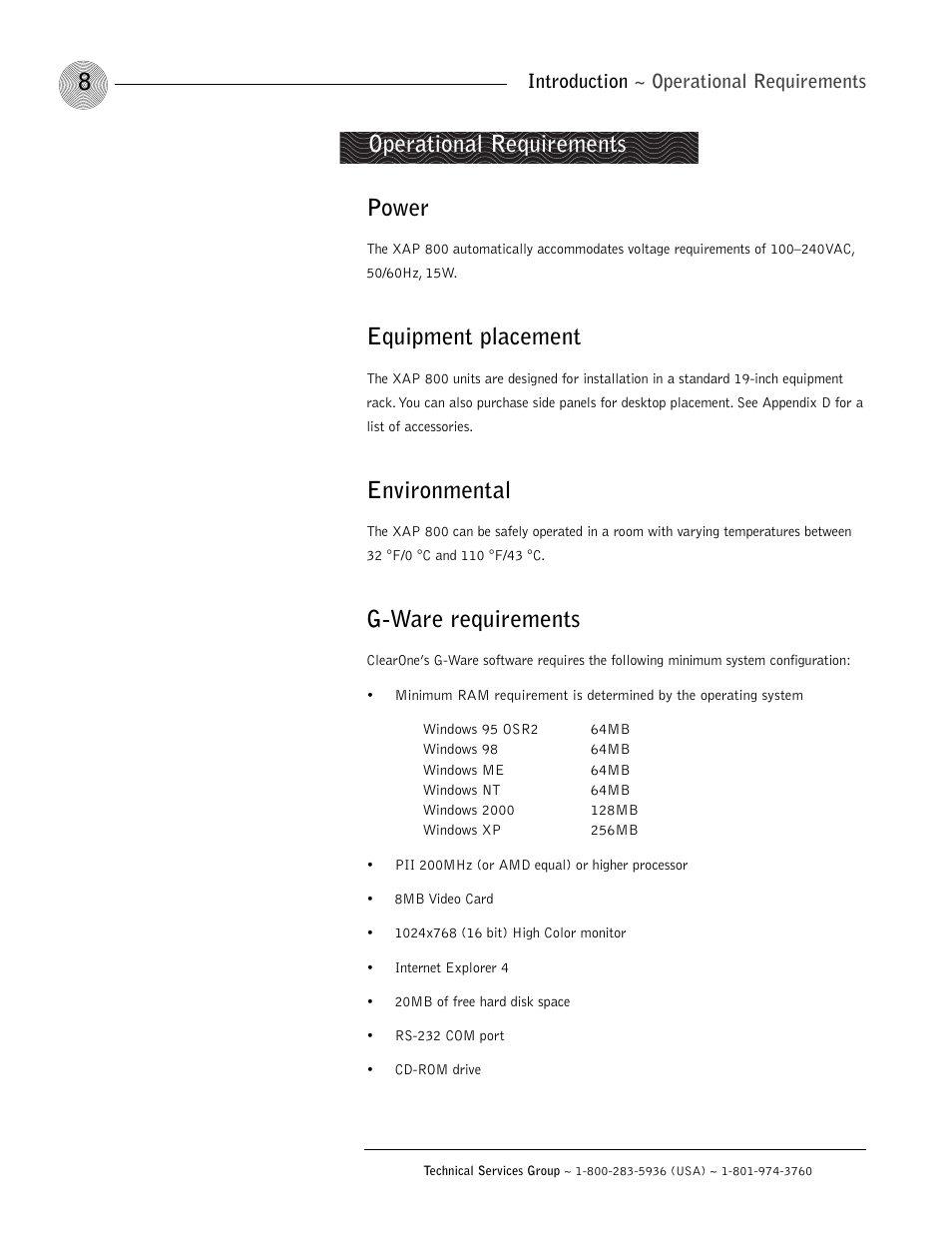 Power, Equipment placement, Environmental | G-ware requirements, Operational requirements, Introduction ~ operational requirements | ClearOne XAP 800 User Manual | Page 14 / 149