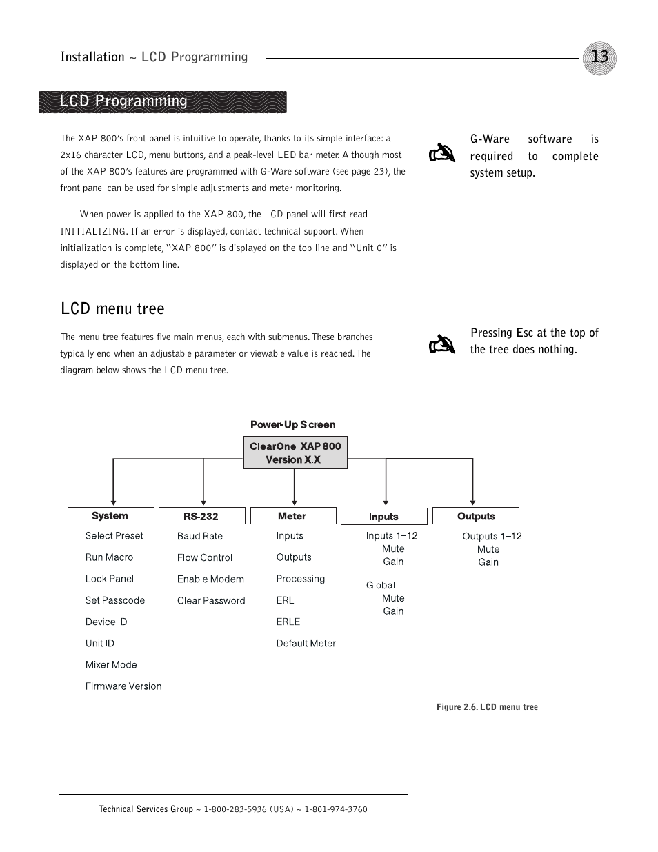 Lcd menu tree, Lcd programming | ClearOne XAP 800 User Manual | Page 19 / 149