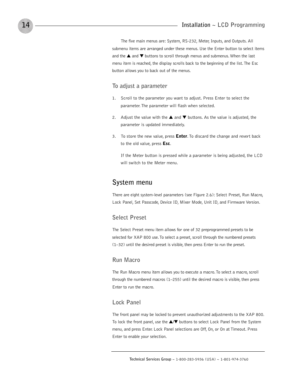 System menu, Installation ~ lcd programming, Select preset | Run macro, Lock panel | ClearOne XAP 800 User Manual | Page 20 / 149