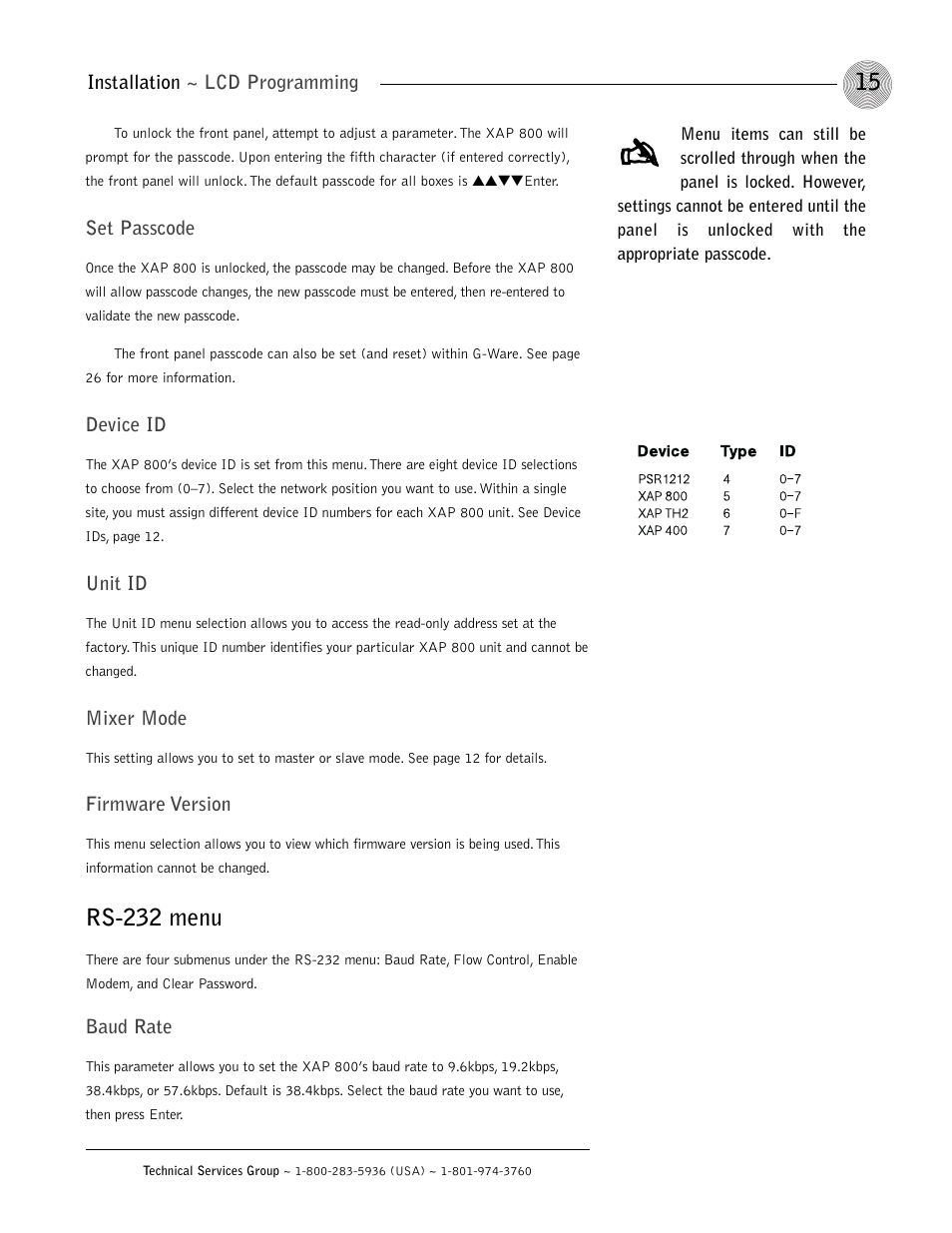 Rs-232 menu | ClearOne XAP 800 User Manual | Page 21 / 149