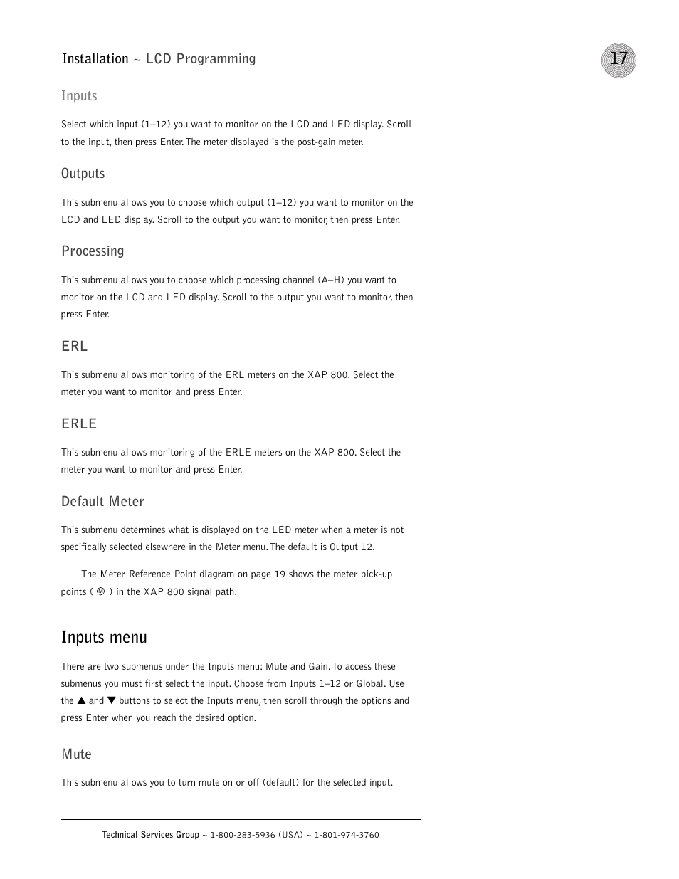 Inputs menu, Installation ~ lcd programming inputs, Outputs | Processing, Erle, Default meter, Mute | ClearOne XAP 800 User Manual | Page 23 / 149