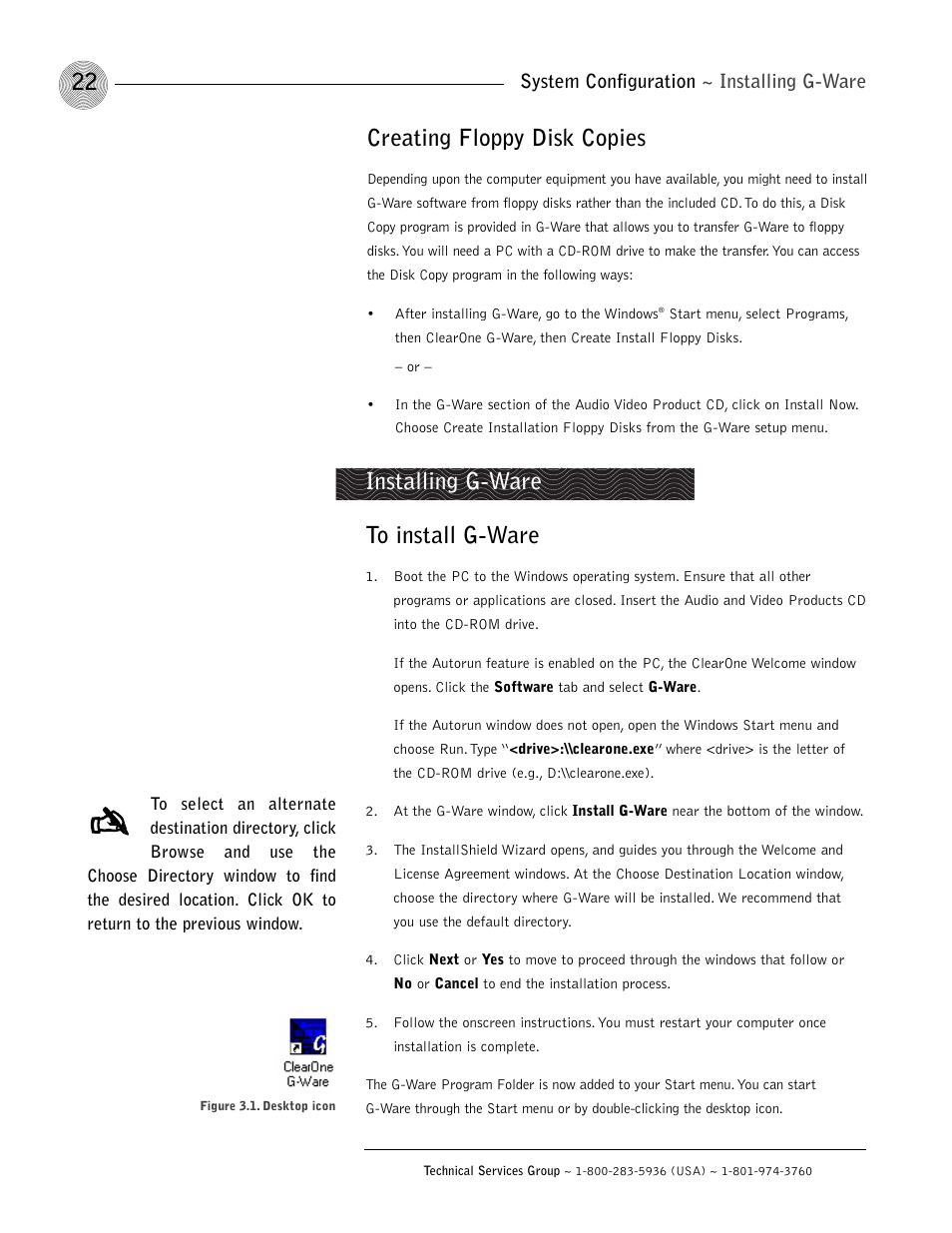 Creating floppy disk copies, Installing g-ware | ClearOne XAP 800 User Manual | Page 28 / 149