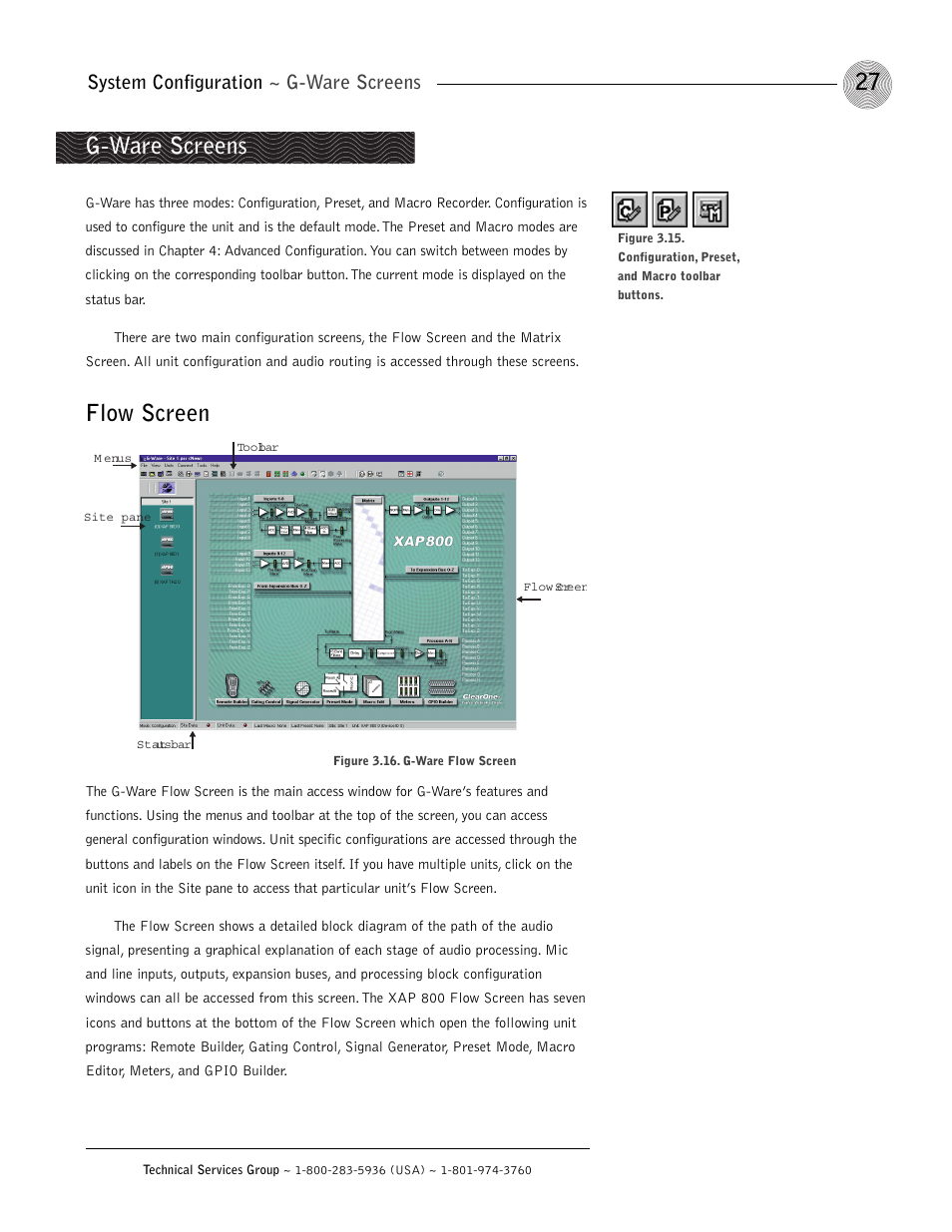 Flow screen, G-ware screens, System configuration ~ g-ware screens | ClearOne XAP 800 User Manual | Page 33 / 149