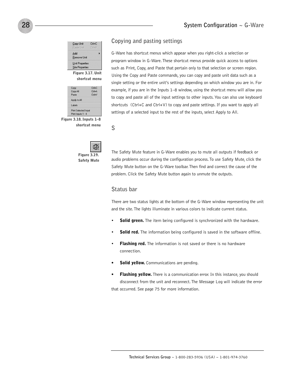 System configuration ~ g-ware, Copying and pasting settings, Status bar | ClearOne XAP 800 User Manual | Page 34 / 149