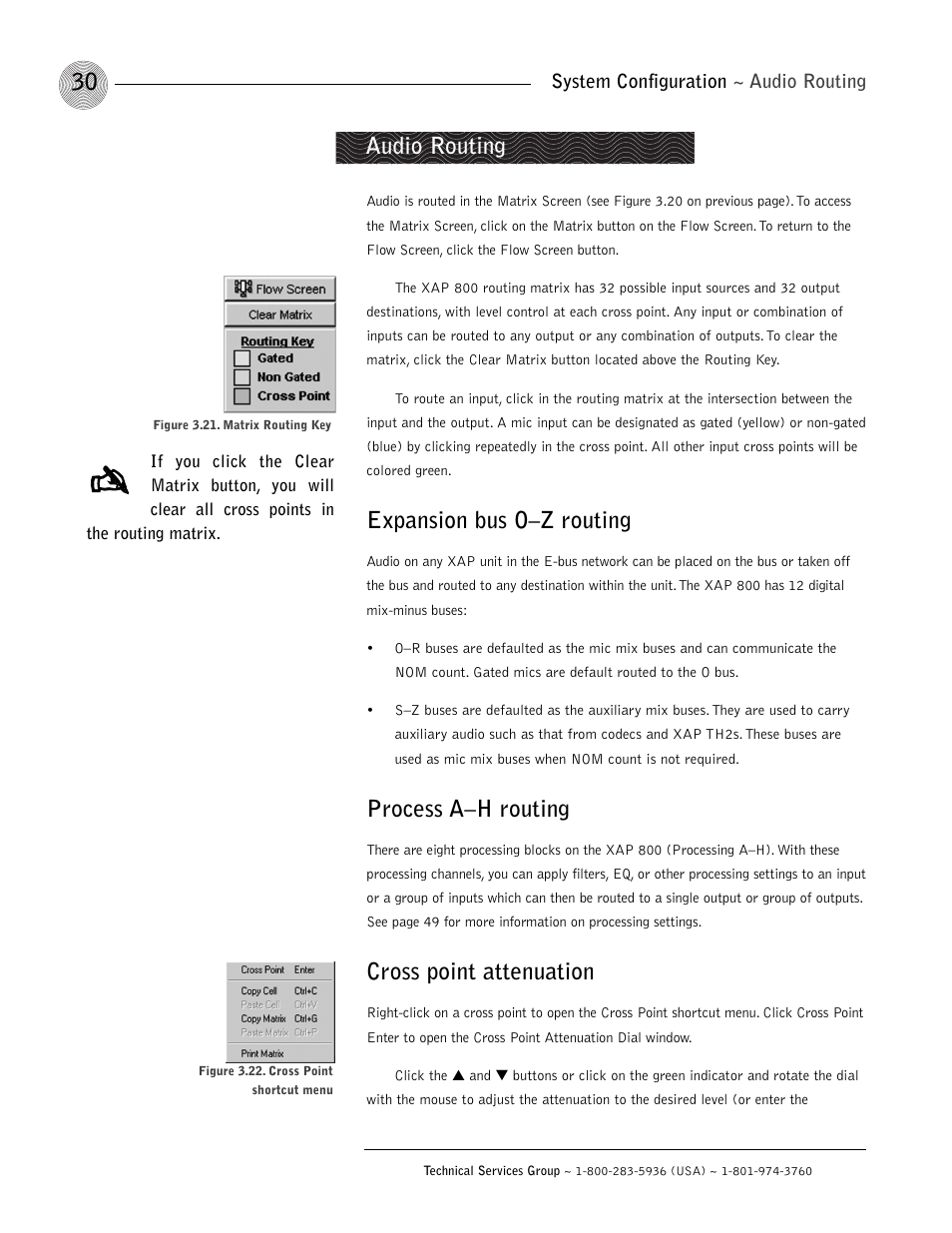 Expansion bus o–z routing, Process a–h routing, Cross point attenuation | Audio routing | ClearOne XAP 800 User Manual | Page 36 / 149