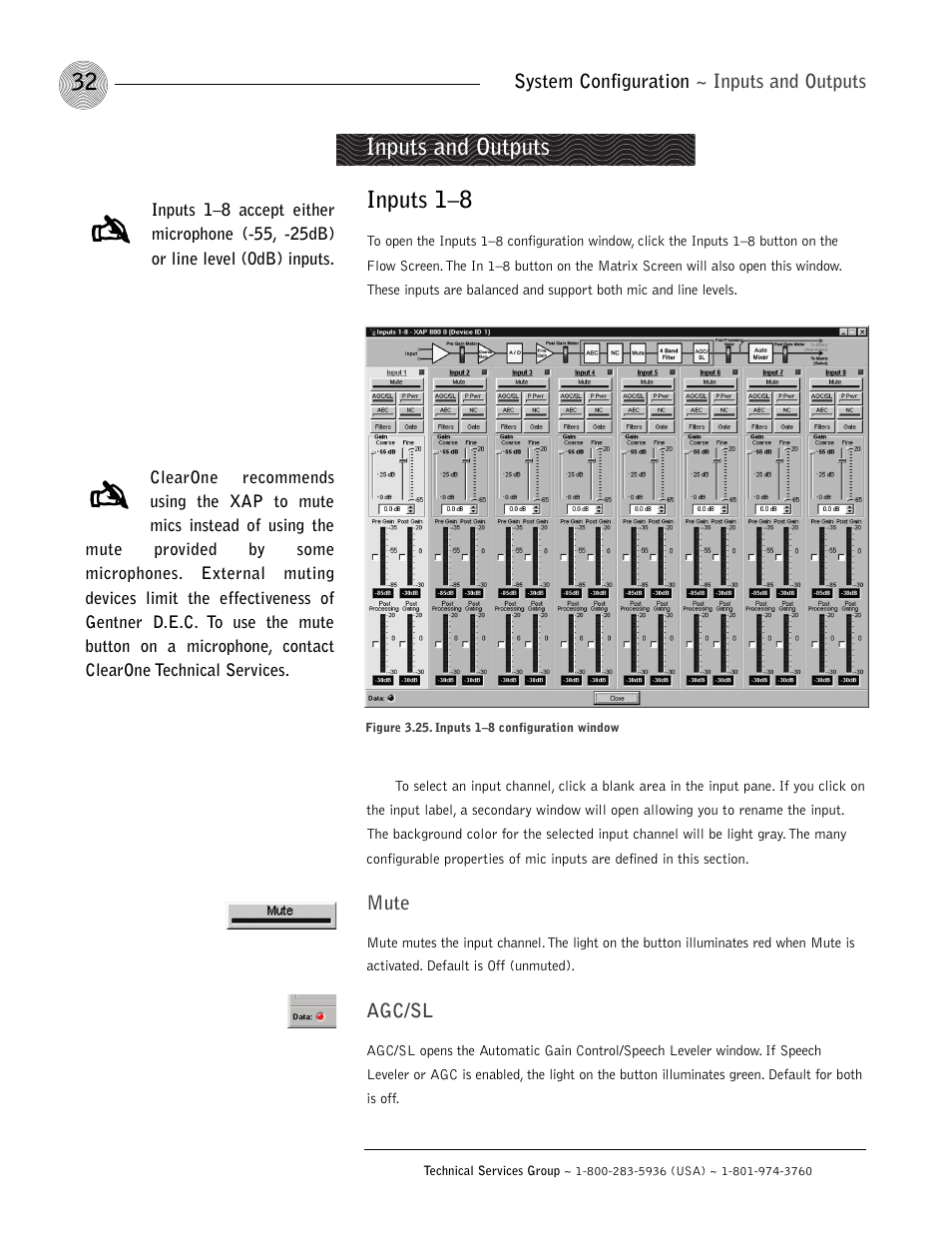 Inputs 1–8, Inputs and outputs | ClearOne XAP 800 User Manual | Page 38 / 149