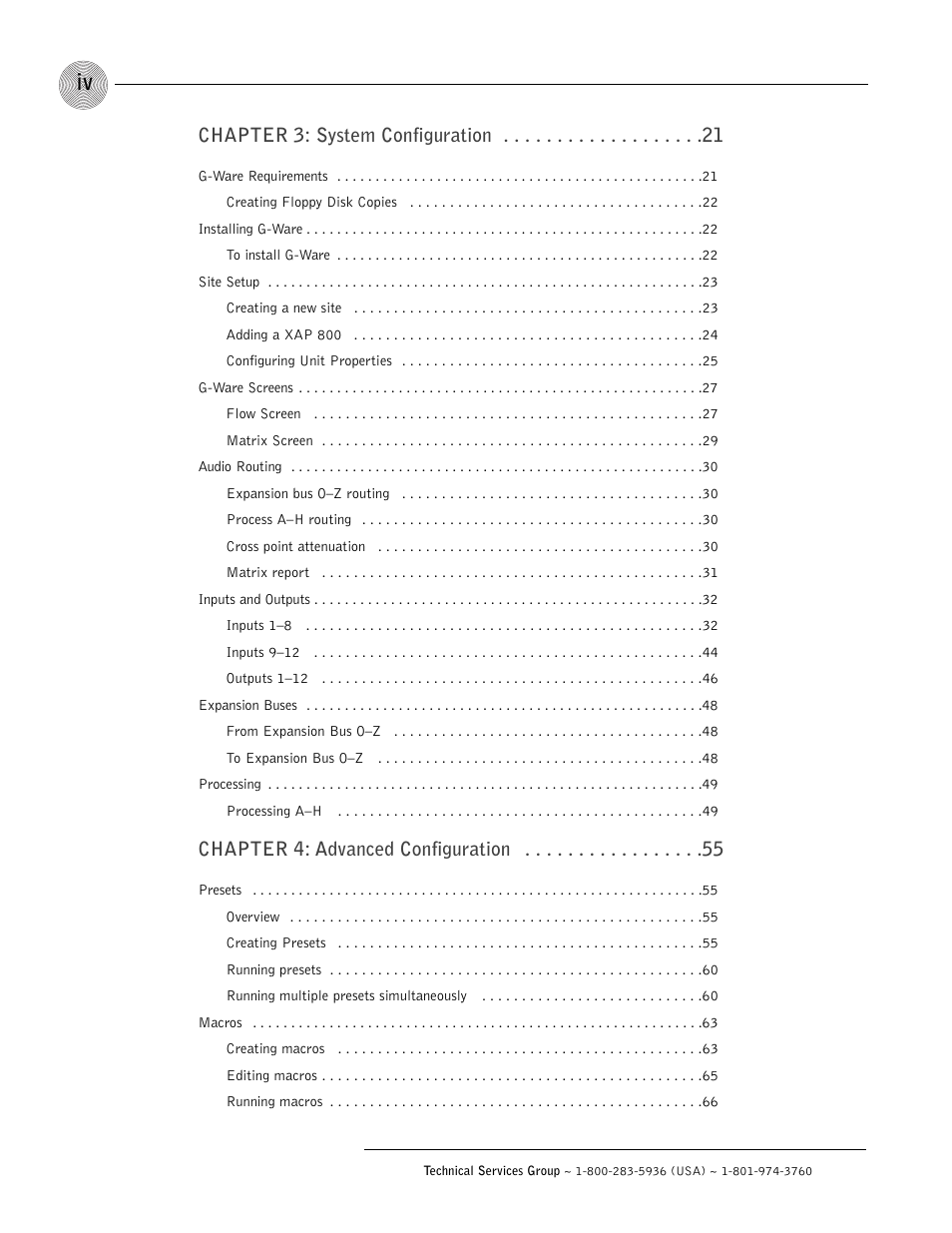 Chapter 3: system configuration, Chapter 4: advanced configuration | ClearOne XAP 800 User Manual | Page 4 / 149