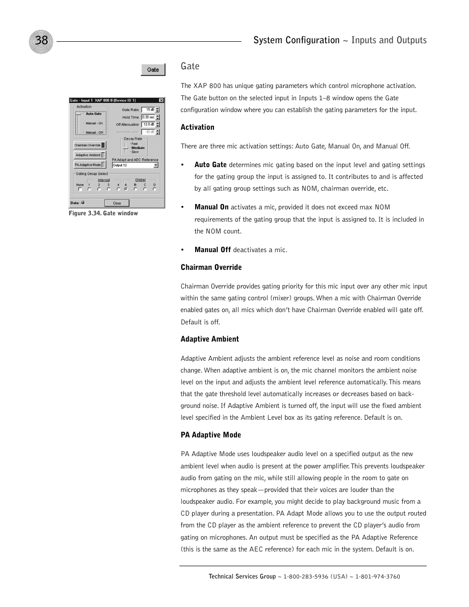 System configuration ~ inputs and outputs, Gate | ClearOne XAP 800 User Manual | Page 44 / 149