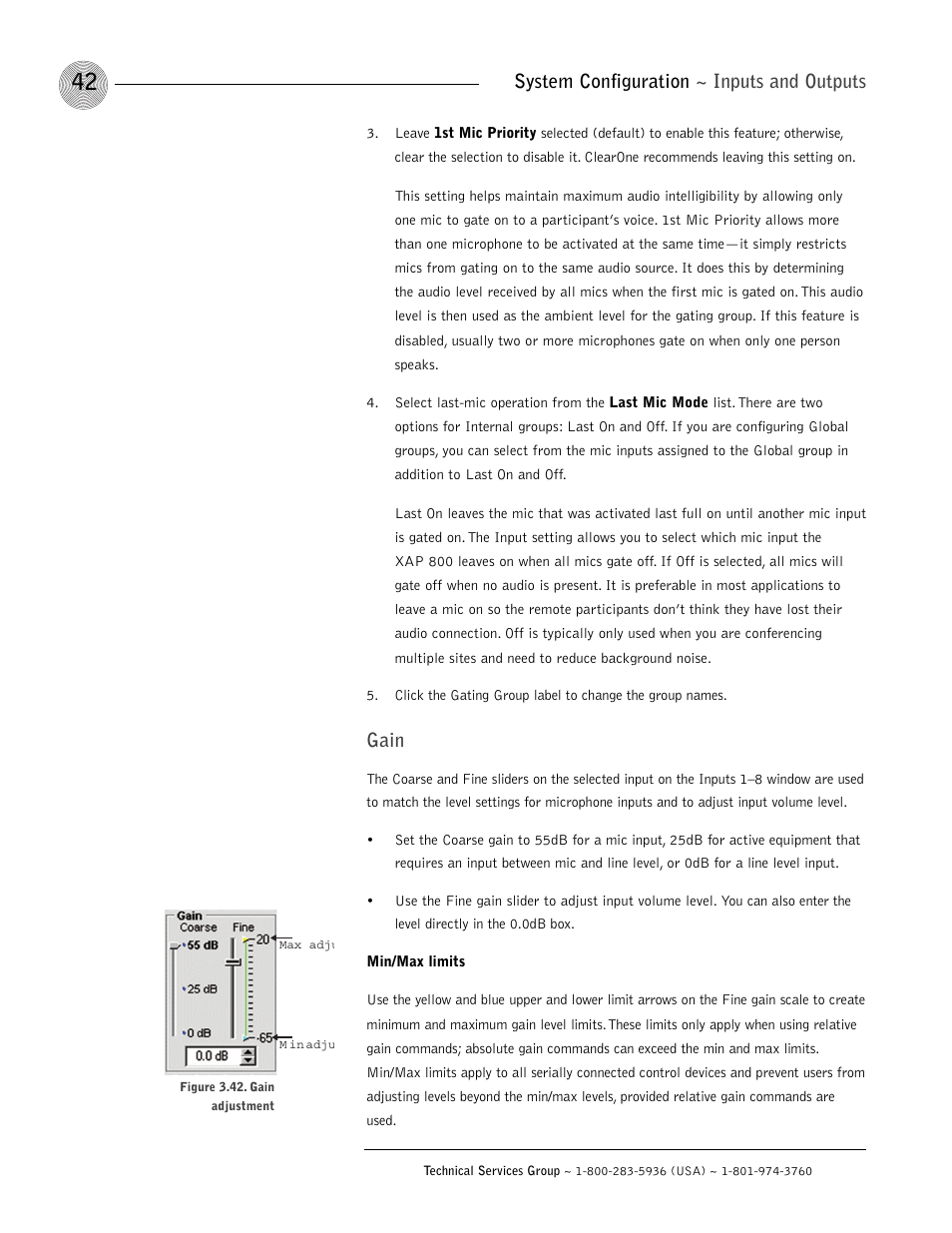 System configuration ~ inputs and outputs, Gain | ClearOne XAP 800 User Manual | Page 48 / 149