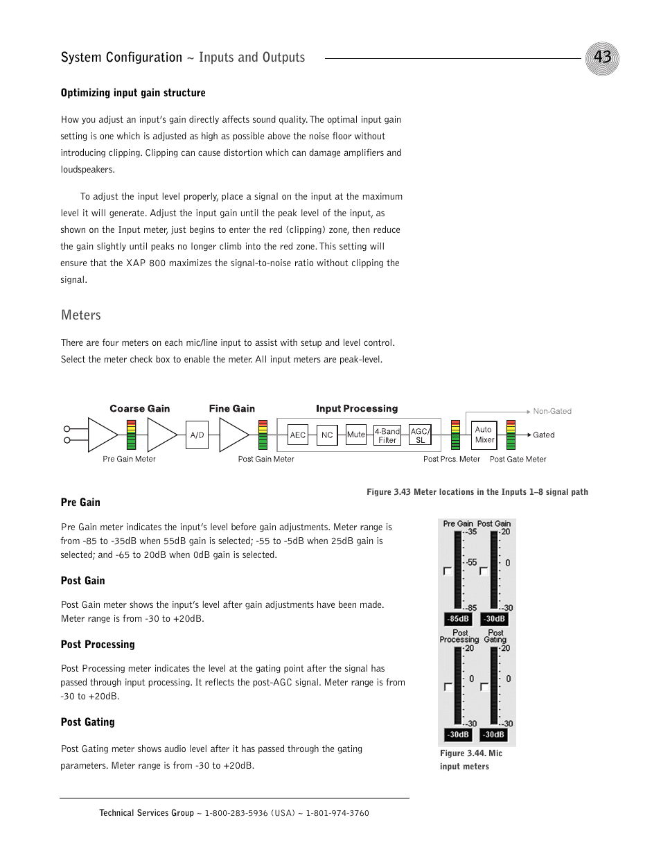 System configuration ~ inputs and outputs, Meters | ClearOne XAP 800 User Manual | Page 49 / 149