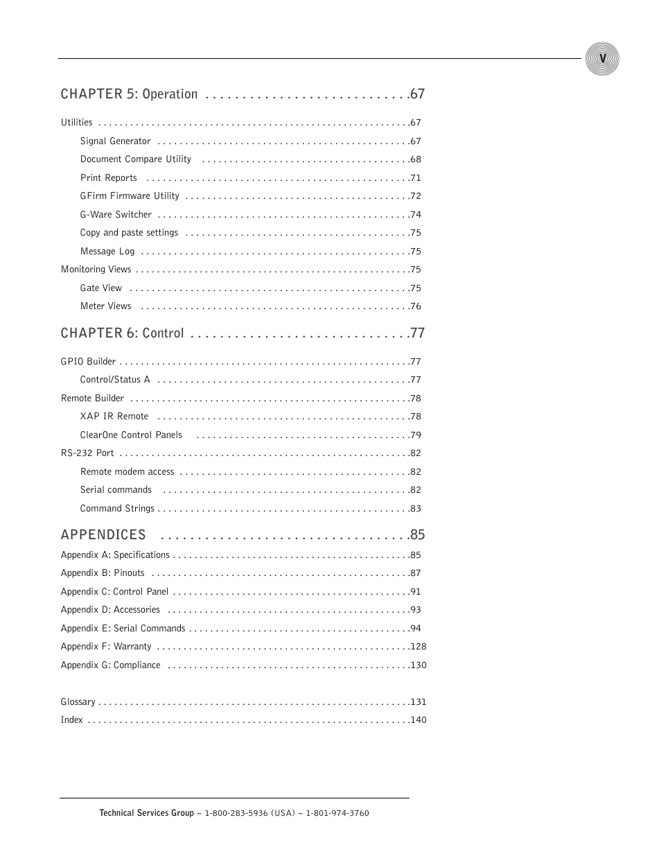 Chapter 5: operation, Chapter 6: control, Appendices | ClearOne XAP 800 User Manual | Page 5 / 149