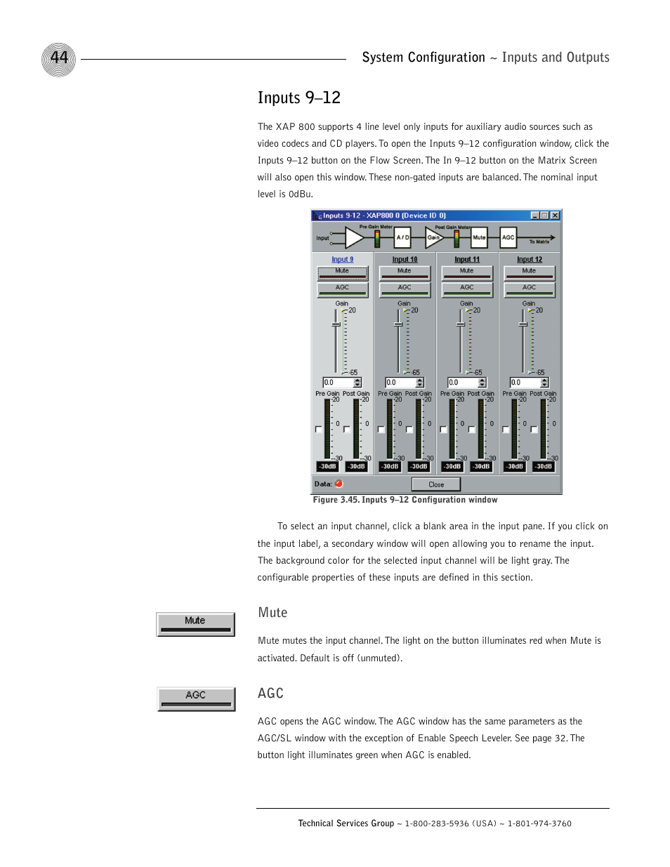 Inputs 9–12, System configuration ~ inputs and outputs, Mute | ClearOne XAP 800 User Manual | Page 50 / 149