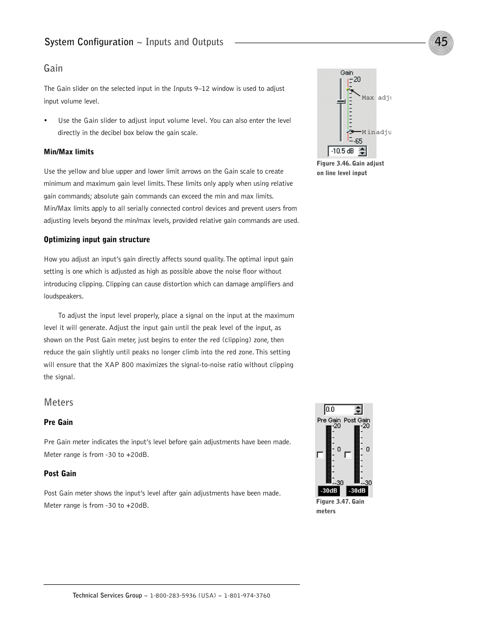 System configuration ~ inputs and outputs, Gain, Meters | ClearOne XAP 800 User Manual | Page 51 / 149