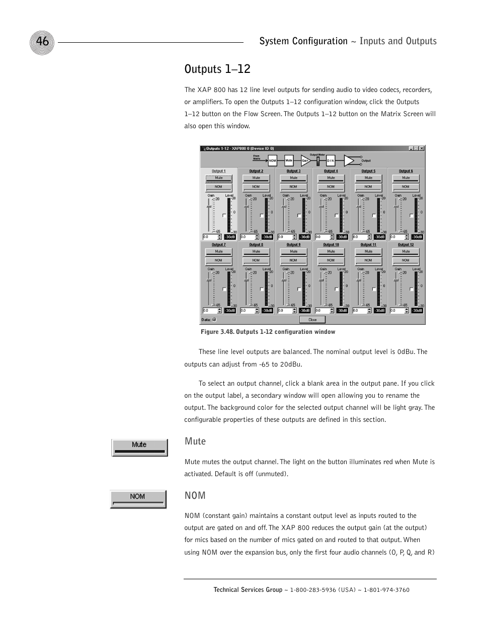 Outputs 1–12, System configuration ~ inputs and outputs, Mute | ClearOne XAP 800 User Manual | Page 52 / 149