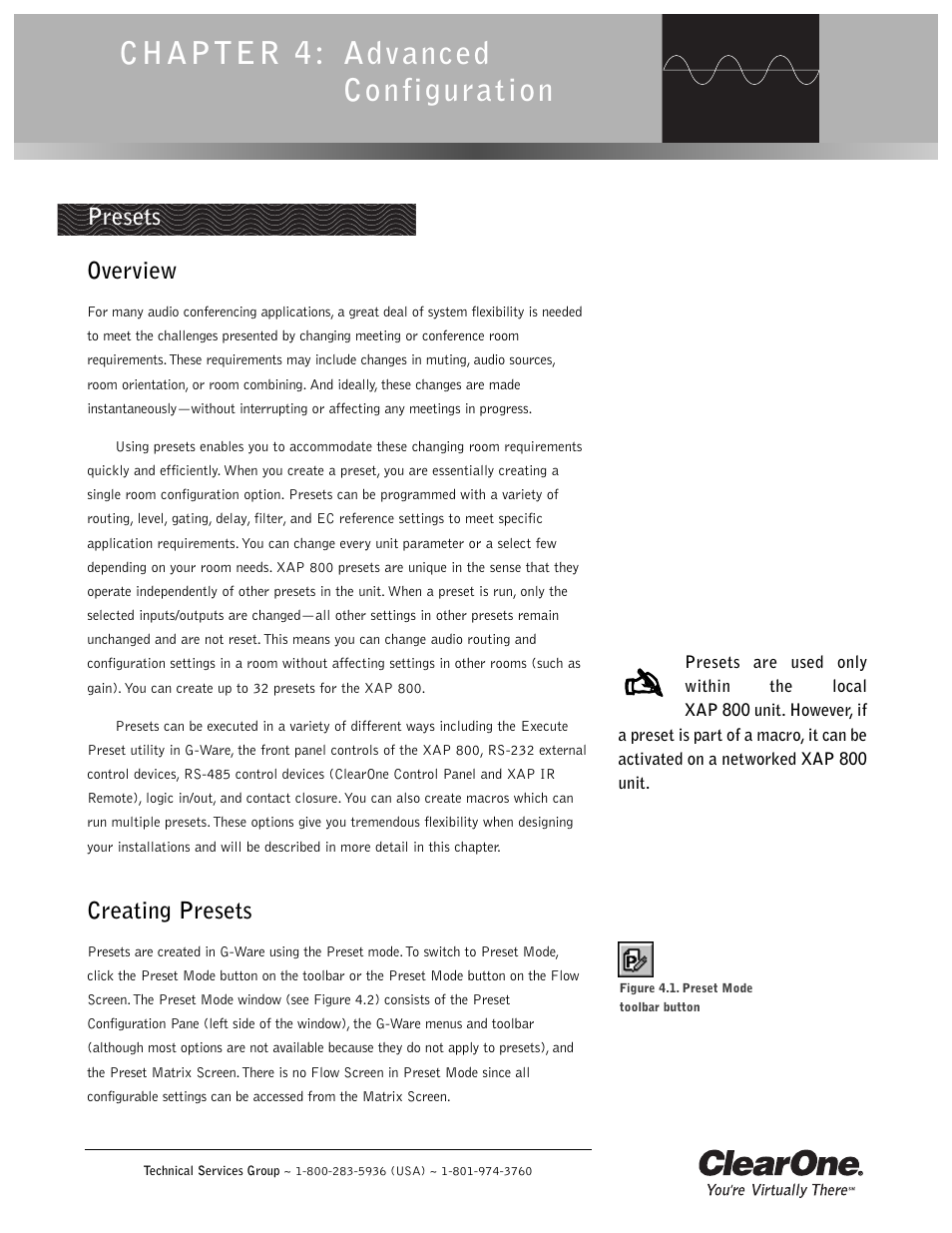 Chapter 4: adv anced configuration, Presets overview, Creating presets | ClearOne XAP 800 User Manual | Page 61 / 149