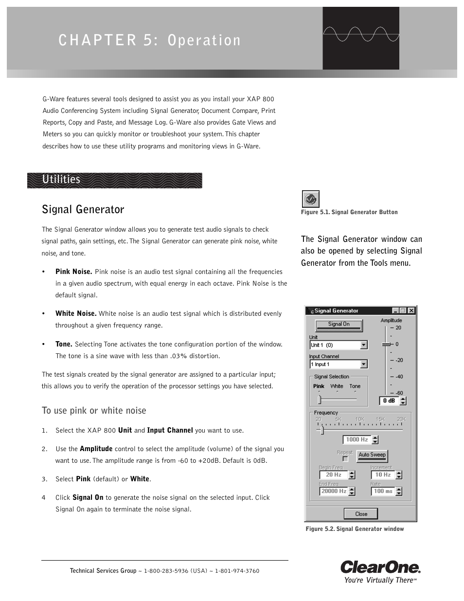 Chapter 5: operation, Utilities, Signal generator | ClearOne XAP 800 User Manual | Page 73 / 149