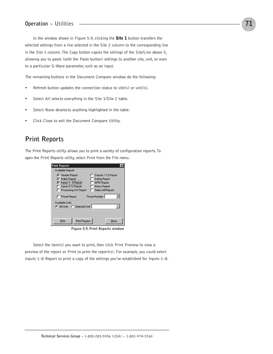 Print reports, Operation ~ utilities | ClearOne XAP 800 User Manual | Page 77 / 149