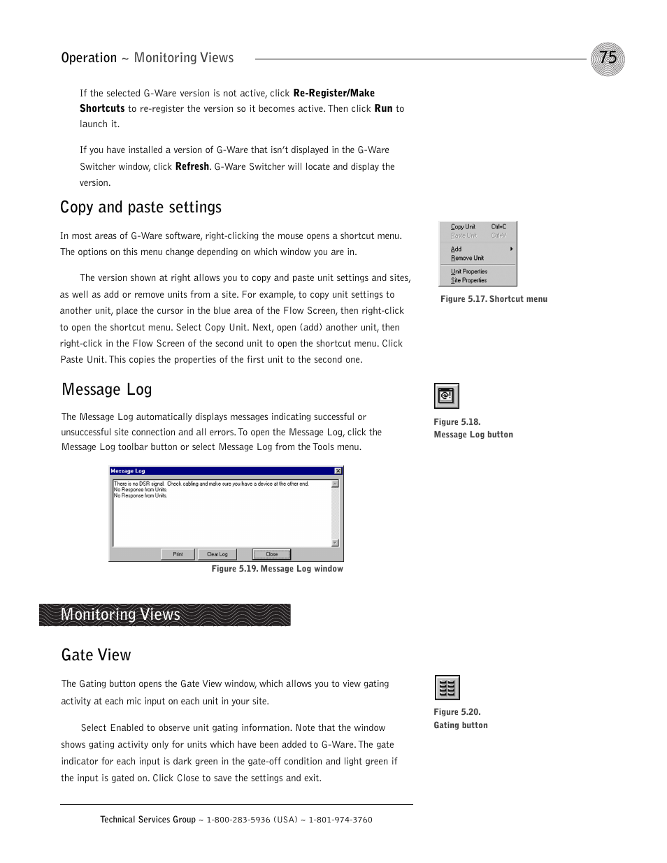 Message log, Gate view, Monitoring views | Copy and paste settings, Operation ~ monitoring views | ClearOne XAP 800 User Manual | Page 81 / 149