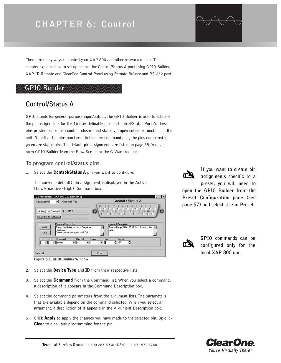 Chapter 6: control, Control/status a, Gpio builder | ClearOne XAP 800 User Manual | Page 83 / 149