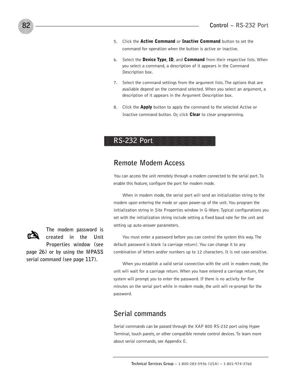 Remote modem access, Serial commands, Rs-232 port | ClearOne XAP 800 User Manual | Page 88 / 149