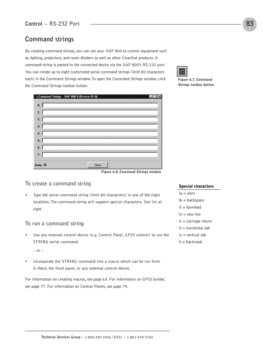 Command strings, Control ~ rs-232 port | ClearOne XAP 800 User Manual | Page 89 / 149