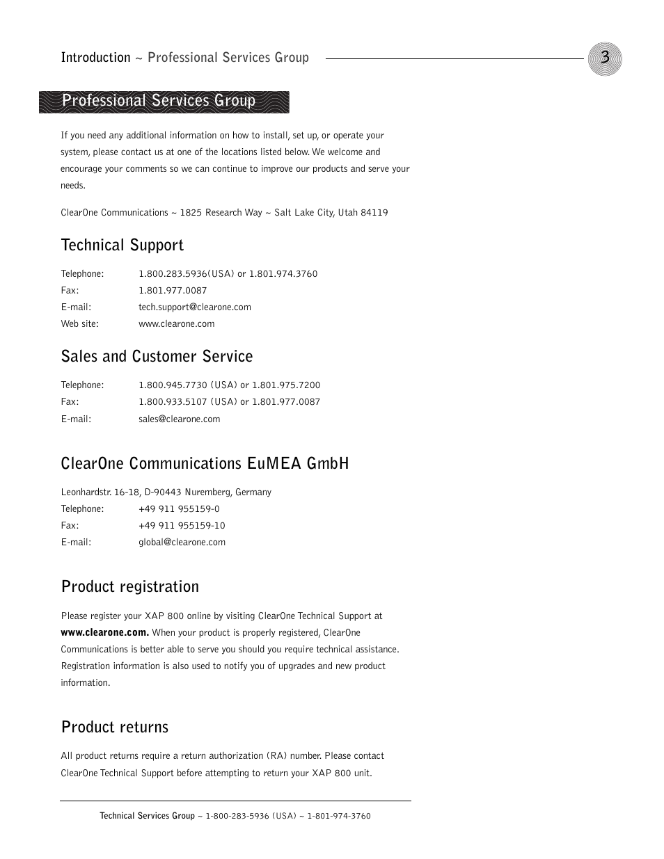 Professional services group, Technical support, Sales and customer service | Clearone communications eumea gmbh, Product registration, Product returns | ClearOne XAP 800 User Manual | Page 9 / 149