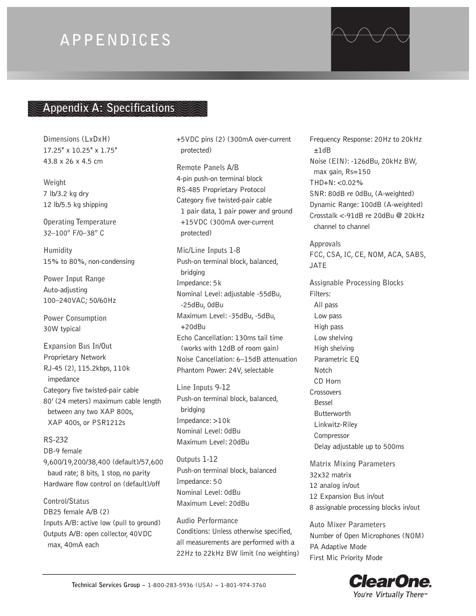 Appendices, Appendix a: specifications | ClearOne XAP 800 User Manual | Page 91 / 149