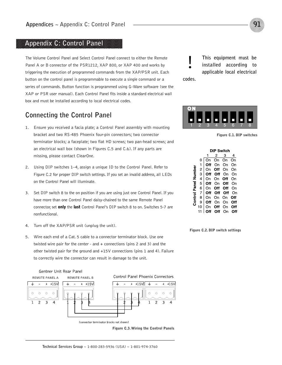 Connecting the control panel, Appendix c: control panel | ClearOne XAP 800 User Manual | Page 97 / 149