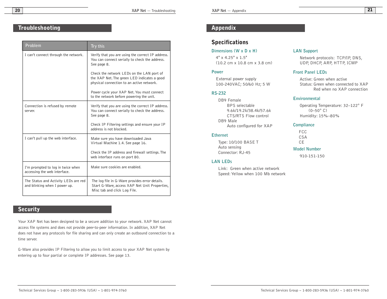 Troubleshooting, Security, Specifications | Appendix | ClearOne XAP Net User Manual | Page 12 / 16
