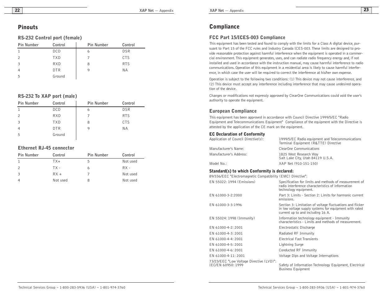 Pinouts, Compliance | ClearOne XAP Net User Manual | Page 13 / 16