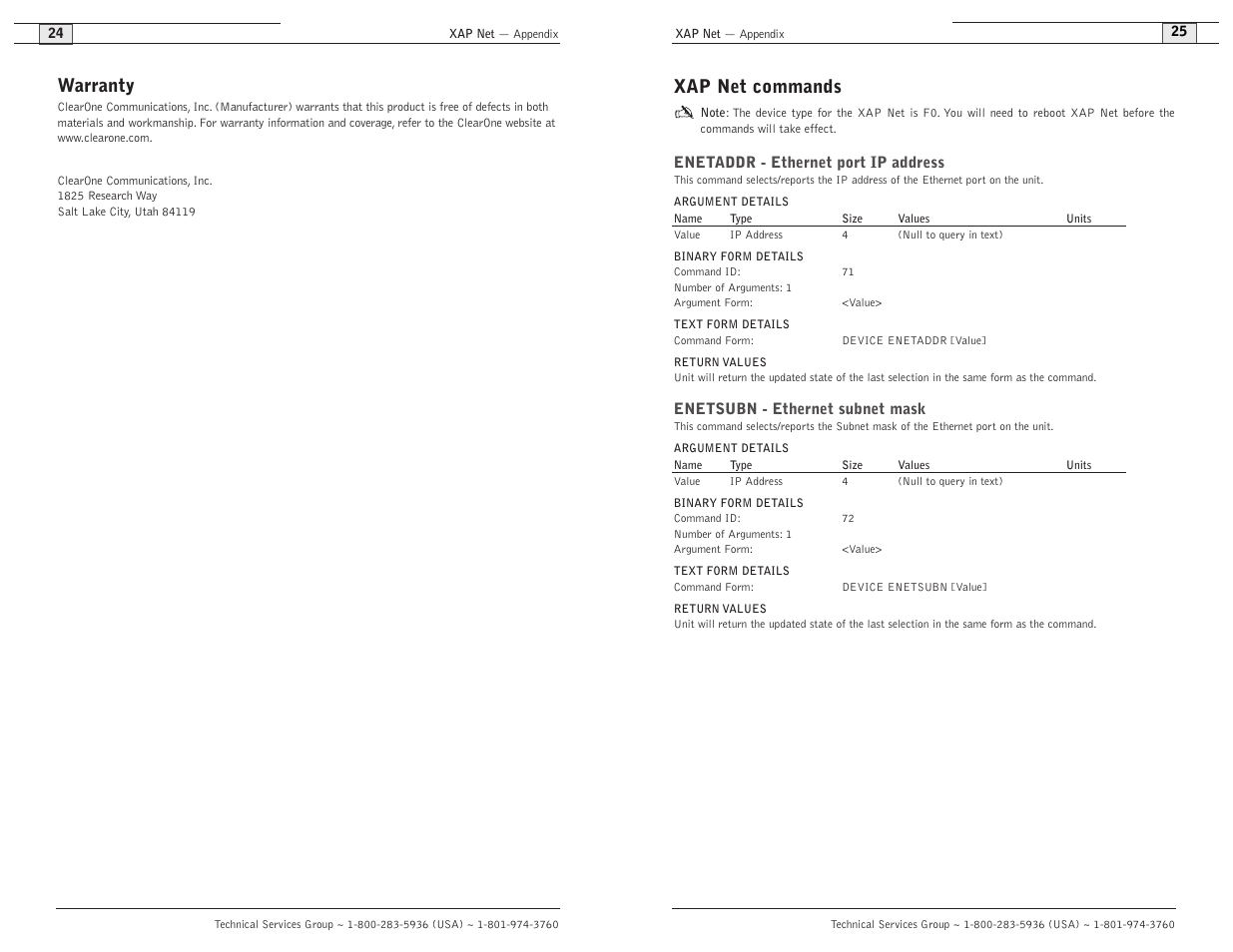 Warranty, Xap net commands | ClearOne XAP Net User Manual | Page 14 / 16