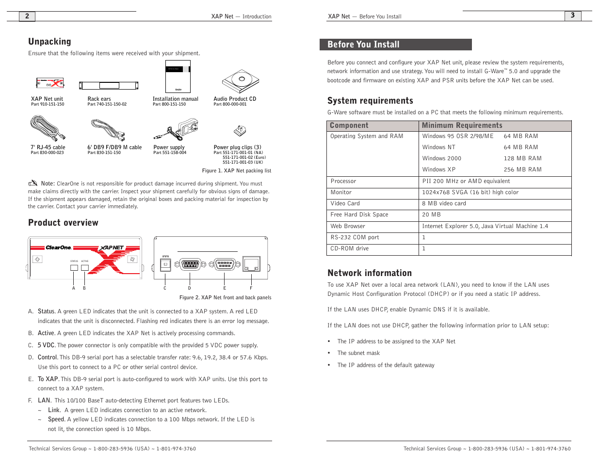 System requirements, Network information, Unpacking | Product overview, Xap net user manual, Before you install | ClearOne XAP Net User Manual | Page 3 / 16