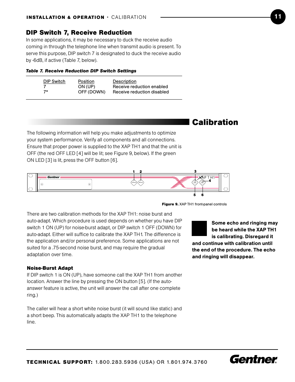 Calibration, 11 dip switch 7, receive reduction | ClearOne XAP TH1 User Manual | Page 15 / 36