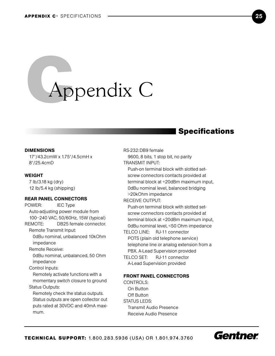 Appendix c, Specifications | ClearOne XAP TH1 User Manual | Page 29 / 36