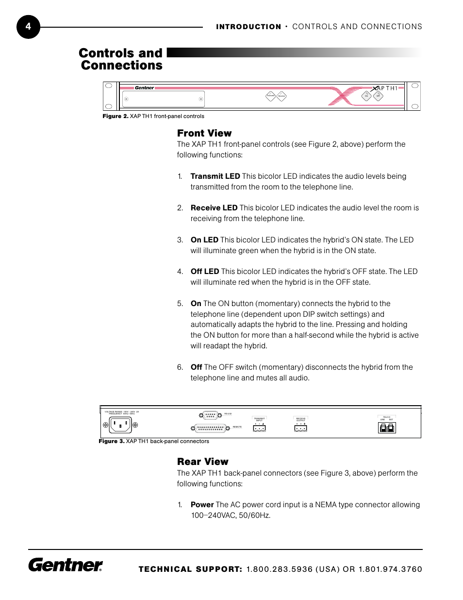 Front view, Rear view, Controls and connections | ClearOne XAP TH1 User Manual | Page 8 / 36