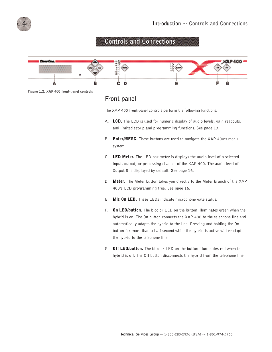 Controls and connections, Front panel, Controls and connections front panel | ClearOne XAP400 User Manual | Page 10 / 173