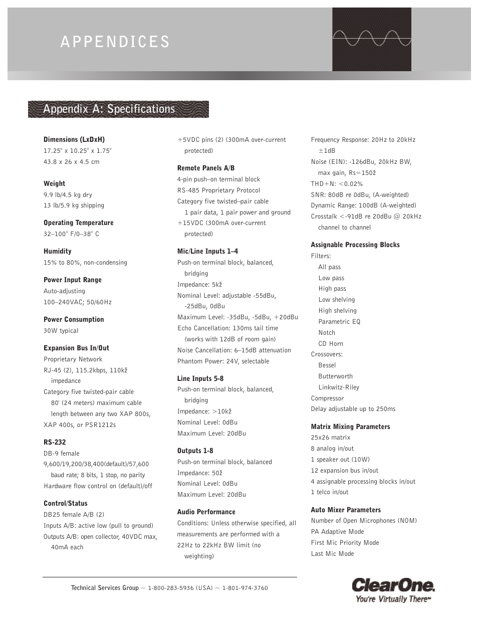 Appendices, Appendix a: specifications | ClearOne XAP400 User Manual | Page 101 / 173