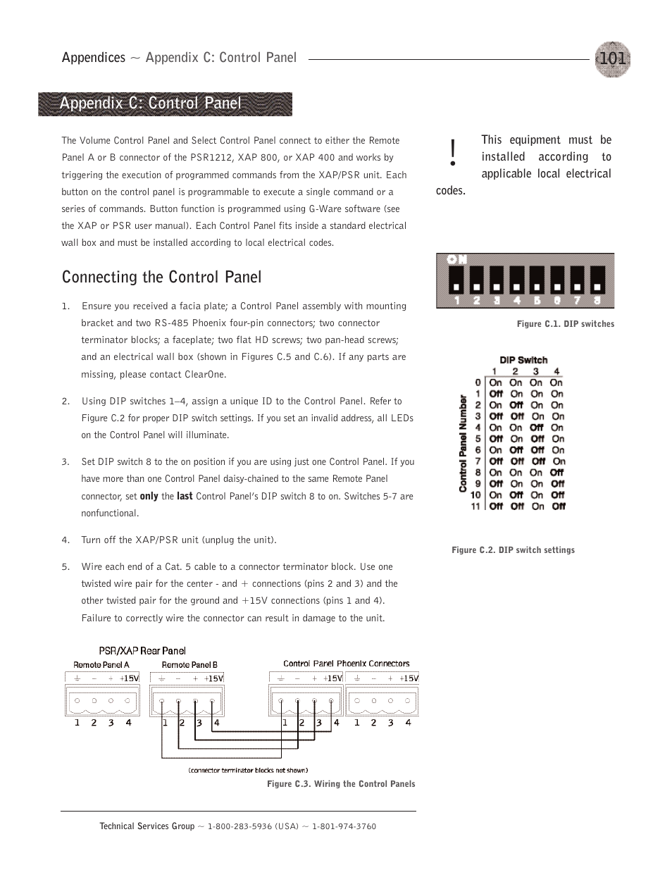 Appendix c: control panel, Connecting the control panel | ClearOne XAP400 User Manual | Page 107 / 173