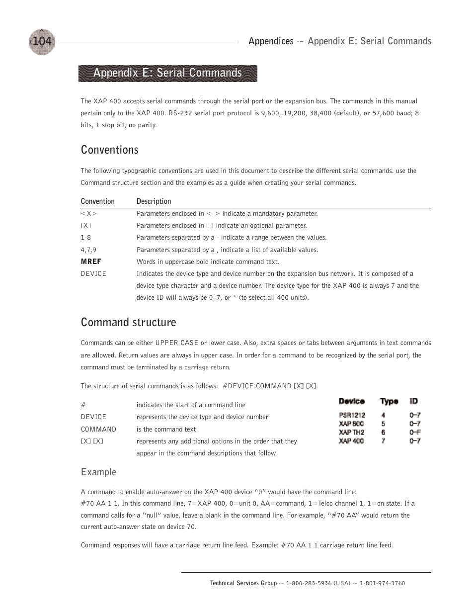 Conventions, Command structure, Appendix e: serial commands | Appendices ~ appendix e: serial commands, Example | ClearOne XAP400 User Manual | Page 110 / 173