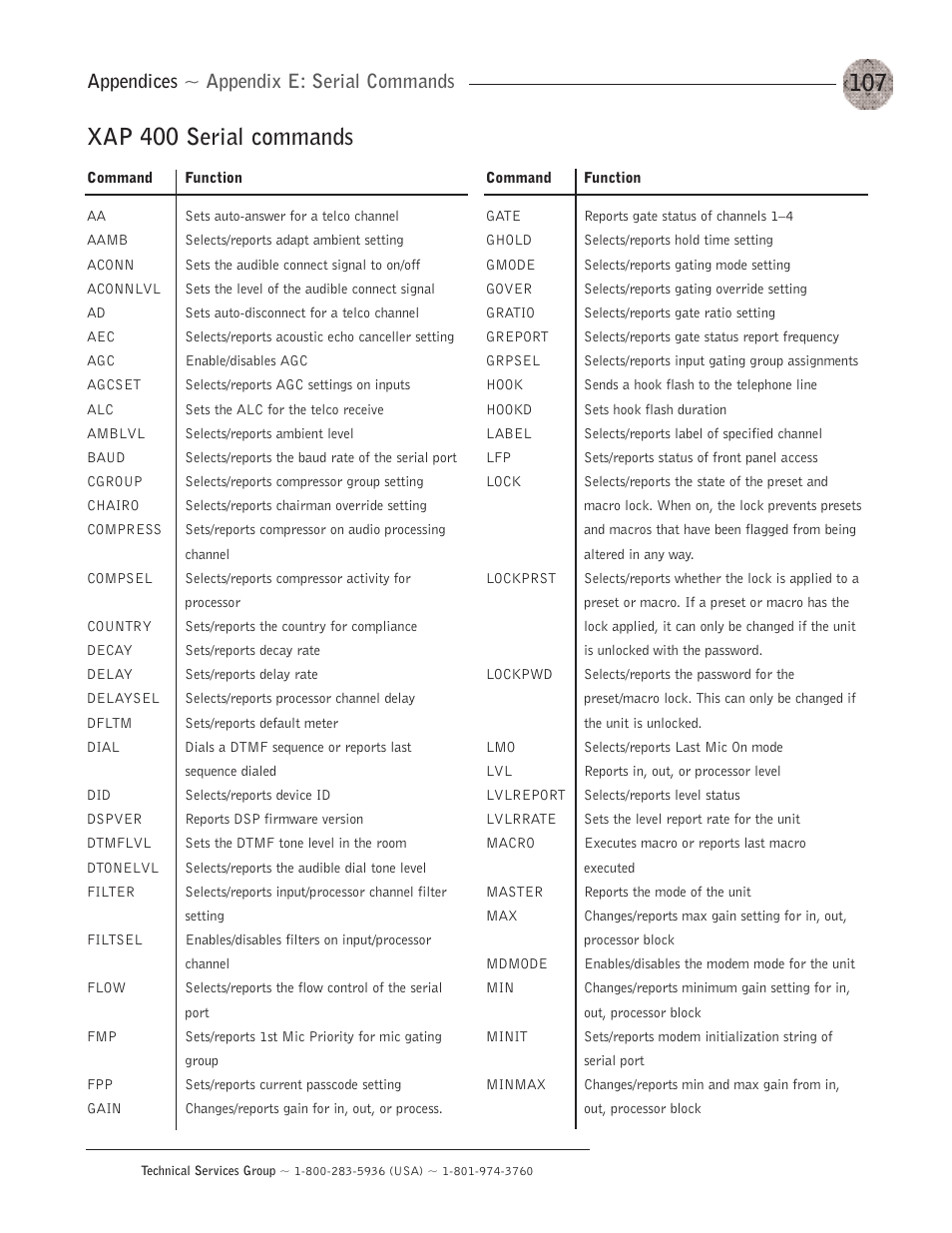 Xap 400 serial commands, Appendices ~ appendix e: serial commands | ClearOne XAP400 User Manual | Page 113 / 173